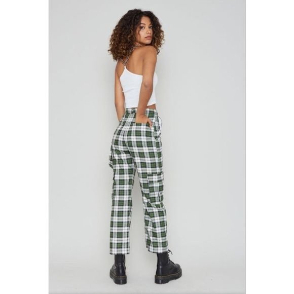 The Ragged Priest Escape Cargo Pants Wide Leg High Waist Plaid Trousers Green - Picture 4 of 10